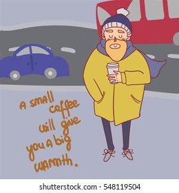 Vector illustration of bearded hipster man drinking coffee. For cards, web design, poster, banner. Nice cartoon style.