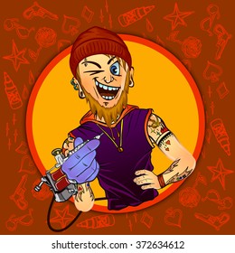 Vector illustration of a bearded male tattoo master holding a tattoo machine in his hand and winking. Made in comic cartoon style.