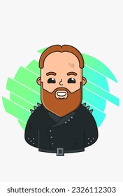 Vector illustration of a bearded man in a black biker jacket against the background of fragments of a green and blue circle