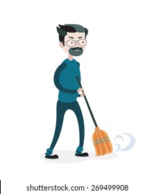 Vector illustration of bearded man with a broom. Man sweeping the street or floor