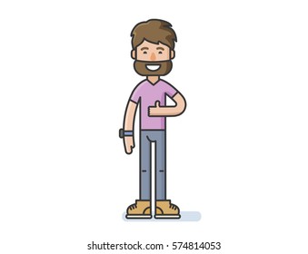 Vector illustration of bearded man character shows a sign Thumb Up, flat design people icon.