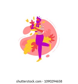 Vector illustration of bearded man collecting flowers into bouquet in summer. 