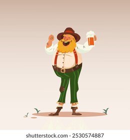 Ilustração vetorial. Homem barbudo em trajes festivos levanta caneca de cerveja espumosa, seu braço levantado em alegria. Estilo de arte dos desenhos animados. Conceito de comida e bebida, tradições, Oktoberfest, celebração.