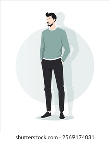 Vector illustration. Bearded man in green sweater and black jeans, pastel green background.