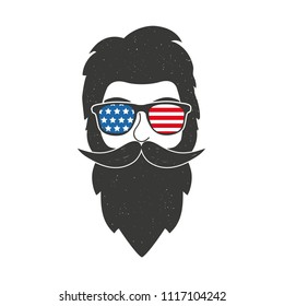 Vector illustration with bearded man head with USA flag in the sunglasses. National american print design, 4th of july Memorial Day card