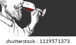 Vector illustration of a bearded man sommelier trying wine. Alcohol drinking process in a hand drawn engraving style.