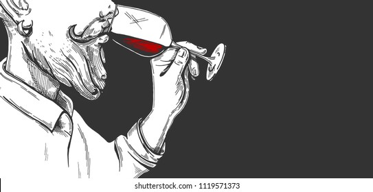 Vector illustration of a bearded man sommelier trying wine. Alcohol drinking process in a hand drawn engraving style.