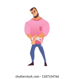 Vector illustration of bearded man trying to free his hands from chain that binds them in cartoon style isolated on white background - young guy bound by circumstances and struggling with them.