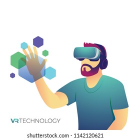 Vector illustration of bearded man wearing VR goggle, Virtual Reality Technologies