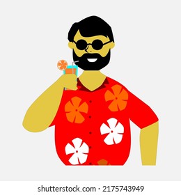 Vector illustration of a bearded man wearing sunglasses and hawaiian shirt, with a glass of orange juice 