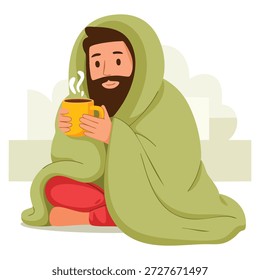 Vector illustration of bearded man wrapped in green blanket enjoying hot drink mug under cozy plaid side view design for comfort and leisure themed artwork