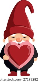 Ilustração vetorial de um mascote barbudo em um chapéu pontiagudo vermelho profundo, segurando um grande coração vermelho com ambas as mãos. Design de caráter profissional com linhas limpas, adequado para gráficos com tema de Dia dos Namorados, cartões de felicitações românticas e padrões de superfície festivos de feriados isolados em um fundo branco