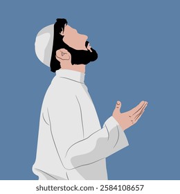 Vector illustration of a bearded Muslim man praying with his palms raised while asking God for help. Faceless human vector