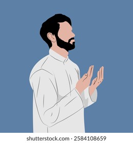 Vector illustration of a bearded Muslim man praying with his palms raised while asking God for help. Faceless human vector