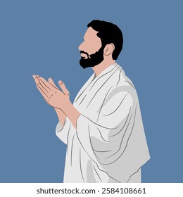 Vector illustration of a bearded Muslim man praying with his palms raised while asking God for help. Faceless human vector