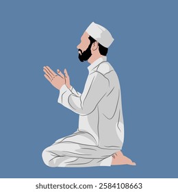 Vector illustration of a bearded Muslim man praying with his palms raised while asking God for help. Faceless human vector