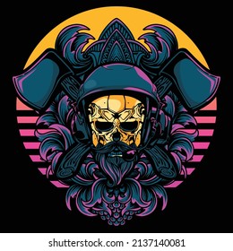 Vector illustration of bearded skull head and ax