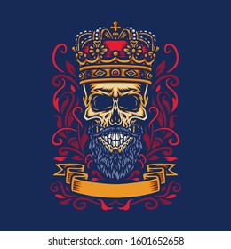 Vector illustration of a bearded skull wearing a king's crown