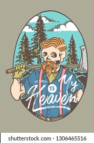 Vector illustration of bearded skull woodman with axe on the forest 