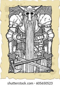 Vector illustration bearded warrior gnome in helmeted with horns.Vector sketch for tattoo.