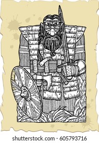 Vector illustration with bearded warrior gnome with a spear and a shield in his hands.Vector sketch for tattoo.