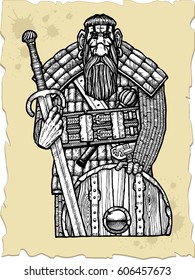 Vector illustration bearded warrior gnome with a spear and a shield in his hands.Vector sketch for tattoo.