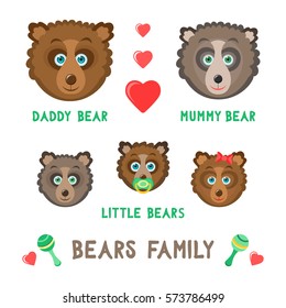 Vector illustration of bears family. Isolated on transparent background. Can be used for Greeting cards, children's T-shirt prints and children's room decoration