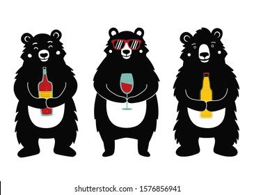 Vector illustration with bears holding drinks. Wine bottle, red wine glass and beer. Funny party print design set, bar menu decoration collection with animals