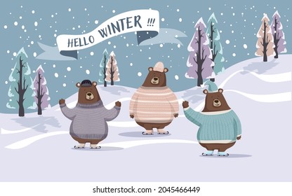 Vector illustration with bears on snow with winter trees in the backgound and falling snow.