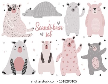 Vector illustration of bears in scandinavian style. Simple cute animal illustration. Children's vector set of animals in the Scandinavian style.