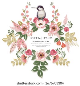 Vector illustration of a beatiful floral frame with a bird in spring for Wedding, anniversary, birthday and party. Design for banner, poster, card, invitation and scrapbook 
