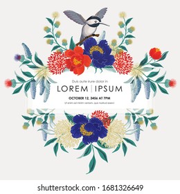 Vector illustration of a beatiful floral frame with a bird in spring for Wedding, anniversary, birthday and party. Design for banner, poster, card, invitation and scrapbook
