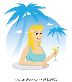 Vector illustration of beatiful and young blonde woman which drinks cocktail in beach bar.