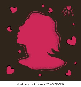 Vector illustration of beautifu Woman head silhouette, face profile. Beauty salon or hair product logo design. Self care concept and body positive concept. Postcard to Valentine's Day or Women's Day