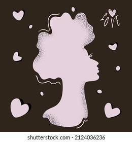 Vector illustration of beautifu Woman head silhouette, face profile. Beauty salon or hair product logo design. Self care concept and body positive concept. Postcard to Valentine's Day or Women's Day