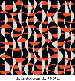 Vector illustration is a beautiful abstract seamless ornament with wavy orange and white lines on a dark background. Concept - fabric, wallpaper or paper