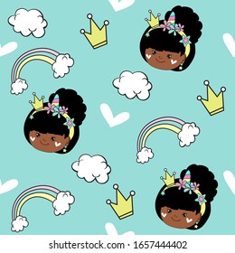 Vector illustration with a beautiful African American girl in a crown and with a unicorn on a background of clouds and a rainbow on a blue background seamless pattern. Birthday concept