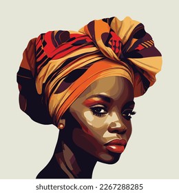 A vector illustration of a beautiful African lady with colorful turban in head