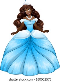 Vector illustration of a beautiful african princess in blue dress. 
