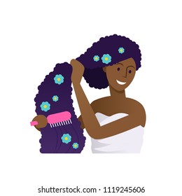 Vector illustration of beautiful african woman in towel brushing her hair with comb. Curly brunette hair treatment with blue flowers on white isolated background.