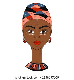Vector illustration. Beautiful African woman in turban portrait isolated