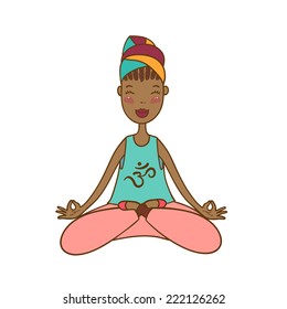 Vector illustration of a beautiful African woman with symbol om on t-shirt sitting in yoga lotus position. 