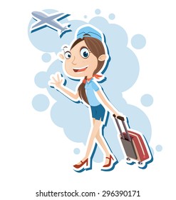 Vector illustration of beautiful air hostess walking with travel bag.
 