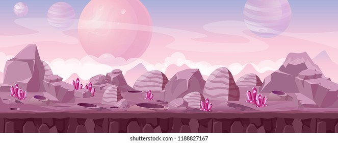 Vector illustration of beautiful alien landscape in pink colors with crystals and mountains. Other planet fantasy landscape, sci-fi background for UI Game.