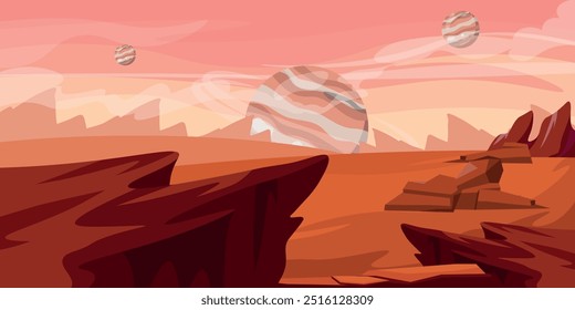 Vector illustration of a beautiful alien landscape. Cartoon scene of a cosmic view with rocks, canyons, plains, planets of different sizes, the sky in pink-yellow, pastel shades. Martian landscape.