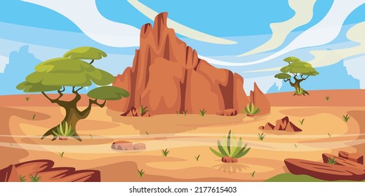 Ilustración vectorial de un hermoso desierto americano. Paisaje del desierto de caricaturas con árboles, arbustos, montañas.