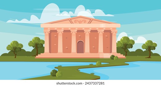 Vector illustration of a beautiful ancient temple. Cartoon landscape scene of ancient temple with columns, Ionic orders, entrance, stairs, trees, bushes, river with path,sky and white clouds.