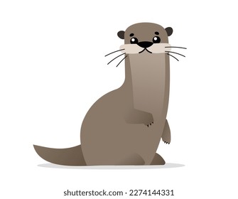 Ilustración vectorial de la bella nutria animal sobre fondo de color blanco con sombra. Diseño plano de nutria con bigote para web, banner, afiche, impresión, tarjeta, pegatina