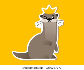 Vector illustration of beautiful animal otter on yellow color background with stroke and crown. Flat style design of otter with mustache for web, banner, poster, print, card, sticker