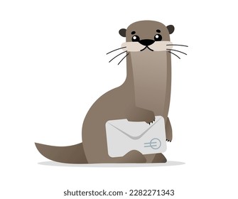 Vector illustration of beautiful animal otter with envelope on white color background with shadow. Flat style design of otter with mustache for web, banner, poster, print, card, sticker